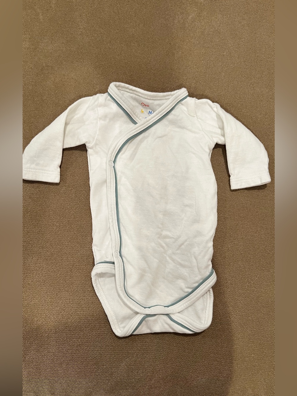 White Long-Sleeve Baby Kimono Bodysuit with Light Blue Trim